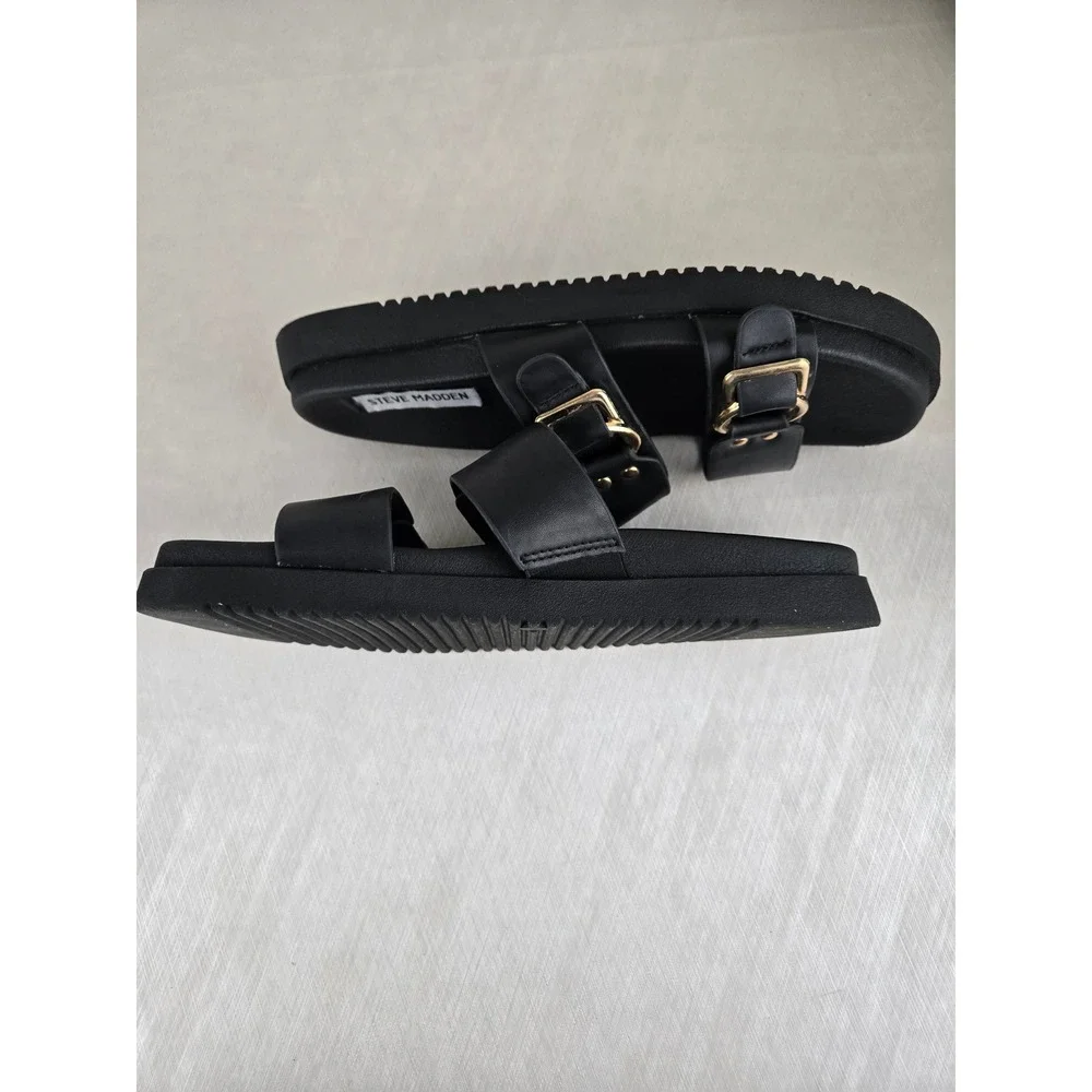 Steve Madden Hanni Black Platform Slide Sandals Gold Buckle Womens 8.5M - Picture 9 of 12